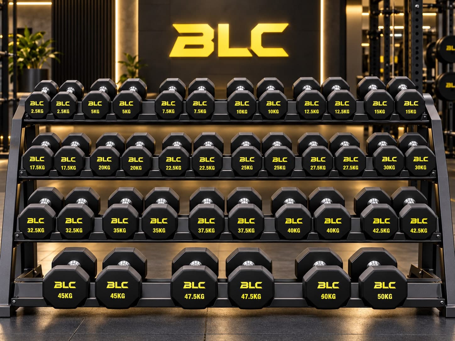 BLC hex dumbbells on a three-tier rack